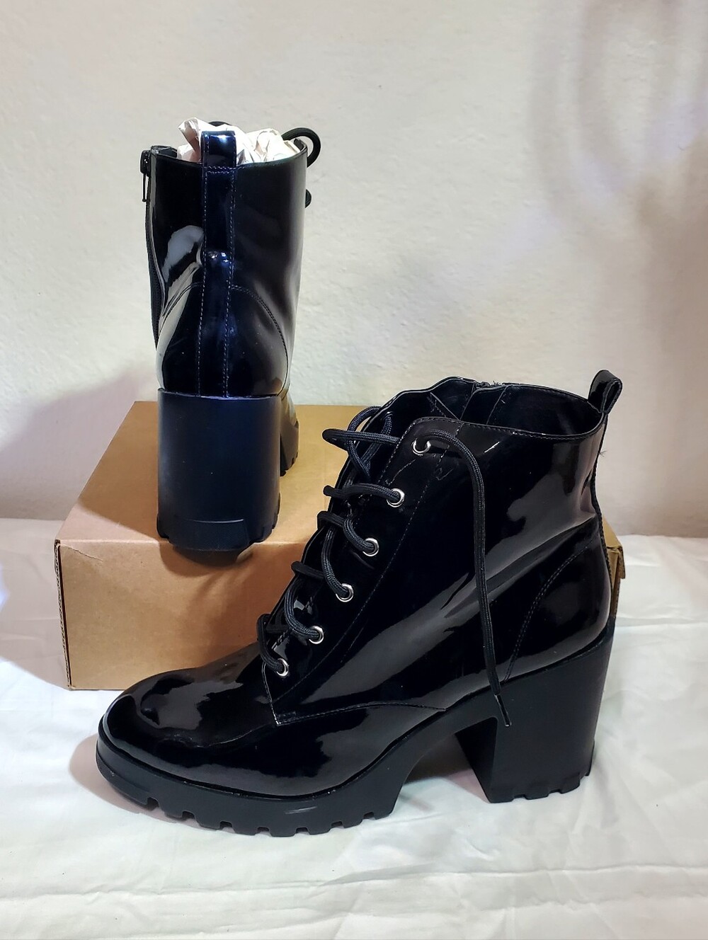 BP. Nordstrom Masson Black Patent Chunky Heeled High Gloss Combat Boots sz 11